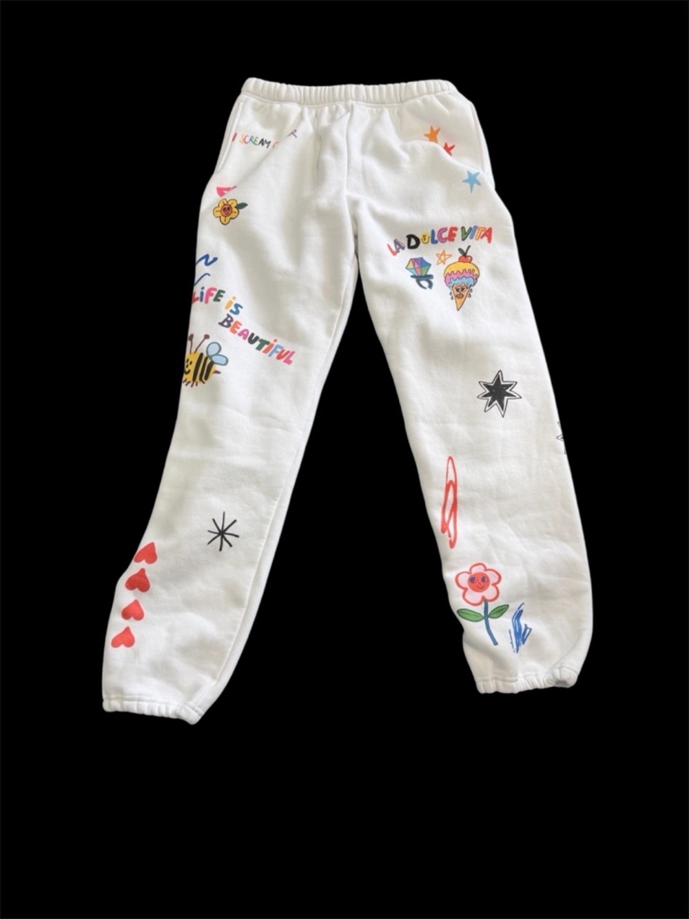 Mayfair women’s White Graphic Jogger Sweatpants - Colorful Prints M/L.